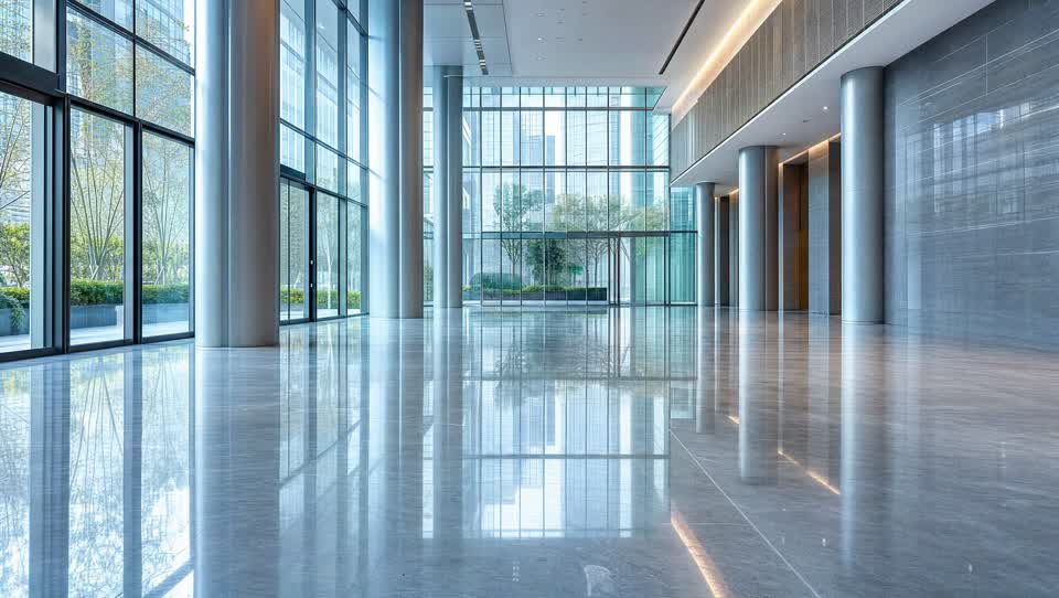 Mirror-gloss commercial floor in a modern glass office lobby after professional stripping and waxing