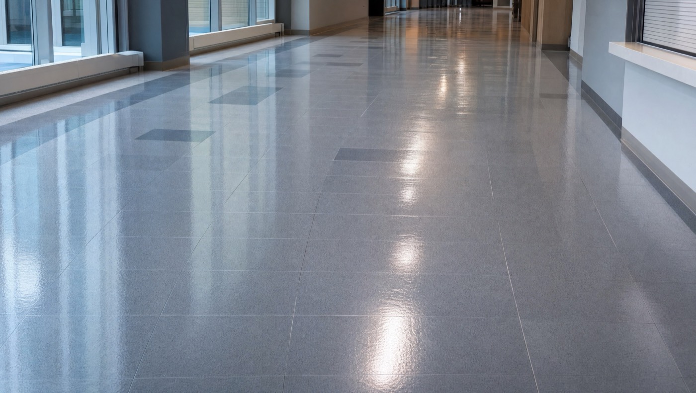 Glossy commercial VCT hallway after strip and wax floor service