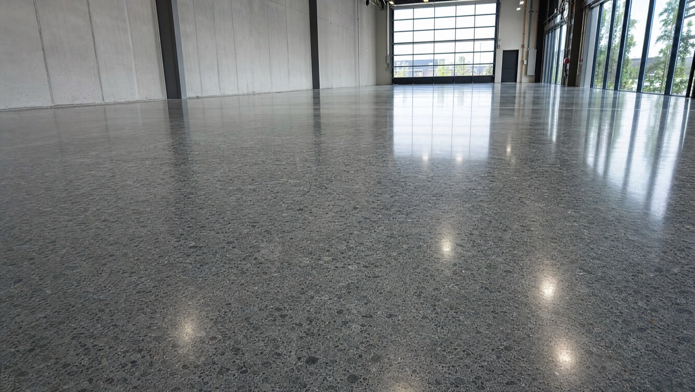 Polished commercial concrete floor with a high-gloss diamond-polished finish
