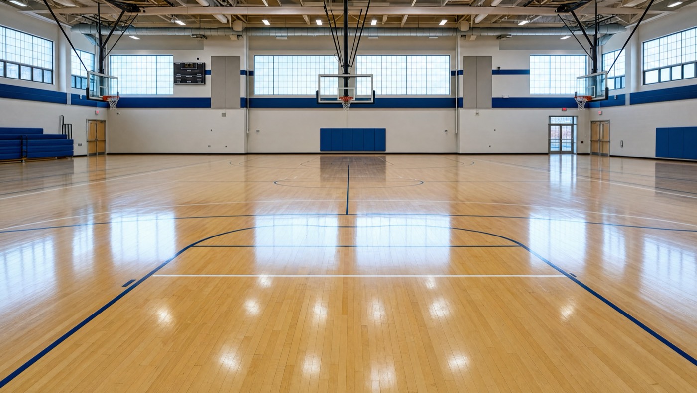 Polished hardwood gym court floor with crisp painted lines