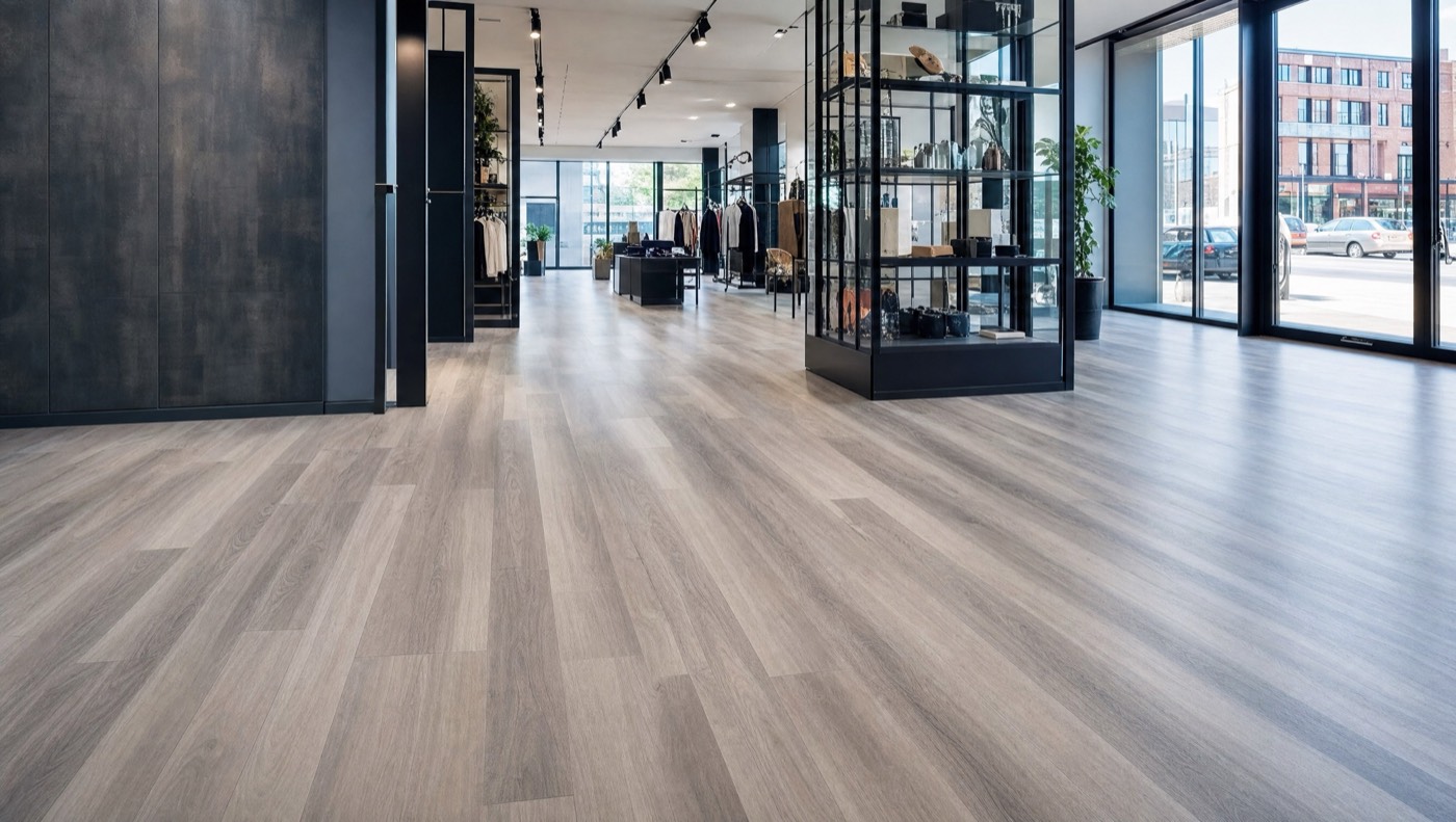 Commercial luxury vinyl tile (LVT) floor with a wood-look plank pattern